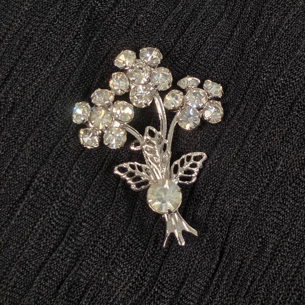 Vintage Clear Rhinestone Flower Bouquet Brooch Silver Tone Bridal Wedding Pin